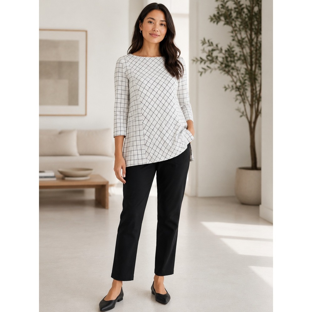 J.Jill Ponte Knit Checked Windowpane Tunic Top Size Small White Black 3/4 Sleeve